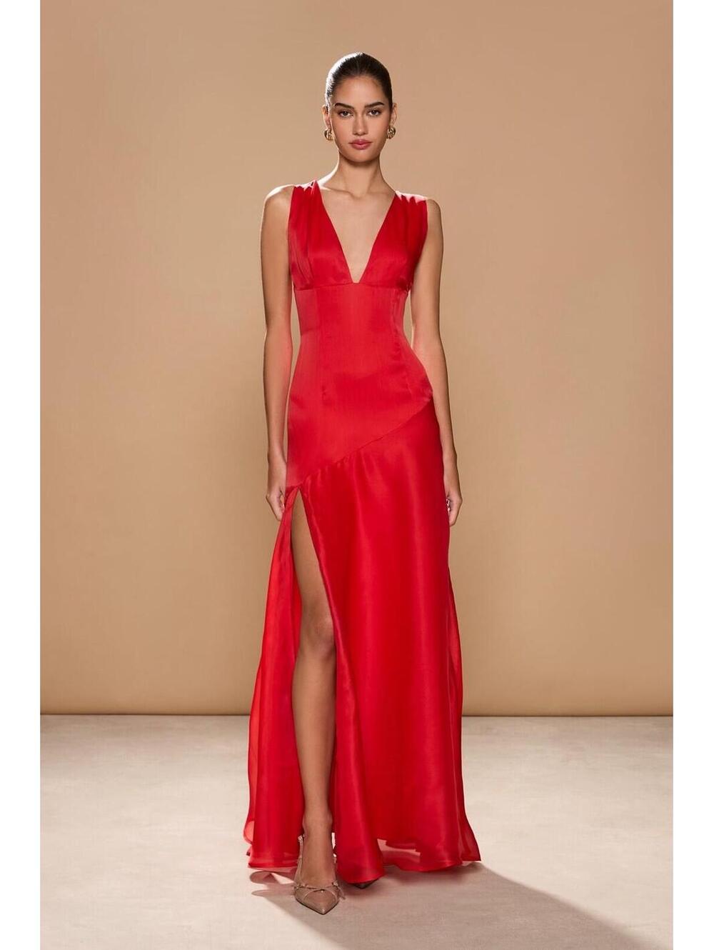 New Sonya Moda Alma Plunge Bias Cut Silk Organza Gown In Lola Red Size M $420 - Picture 4 of 13